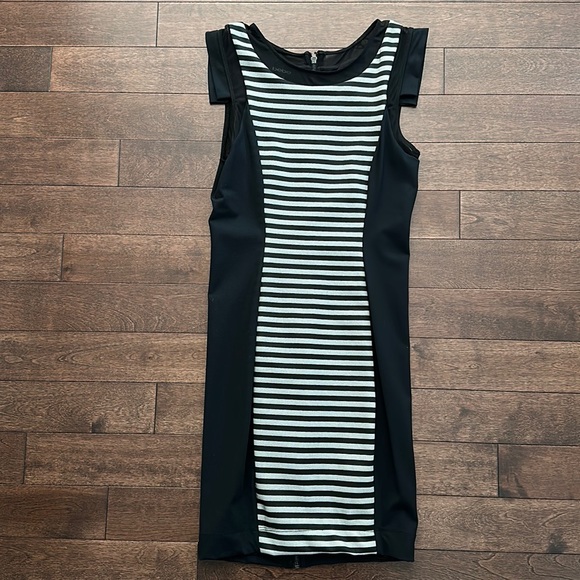 Bebe Bodycon Silver Black Stripe Back-Zip Dress S NWOT - Picture 2 of 8